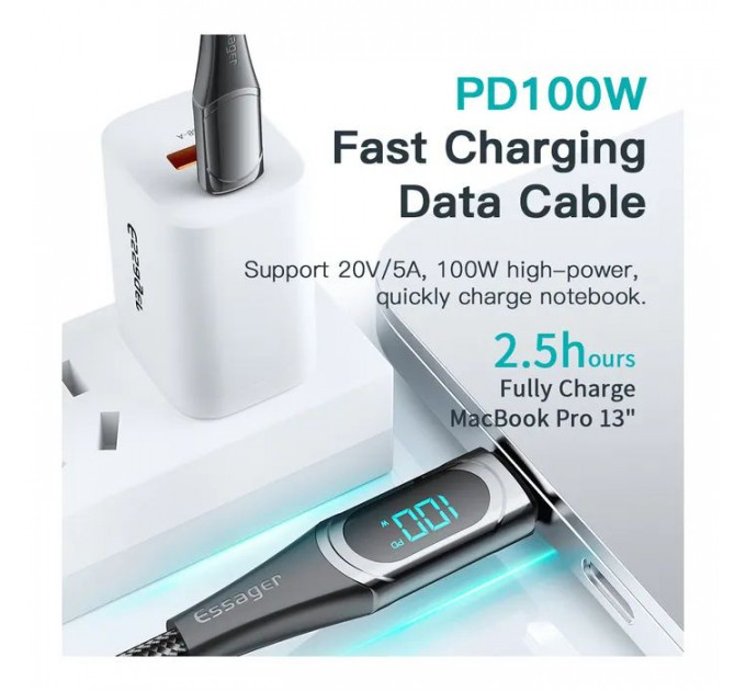 Дата кабеля USB-C to USB-C 2.0m 100W Digital Display black Essager (ES-XCTT1-YDA01)