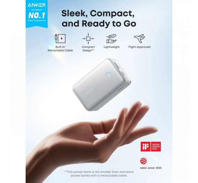 Батарея универсальная Anker Nano 10000mAh, 45W, Built-In USB-C Cable, white (A1638H21)