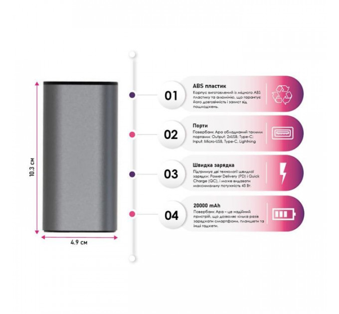 Батарея універсальна TheGeneral 20000mah Apa, PD\/45W, QC (40012519-01)