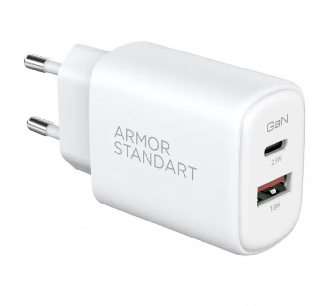 Зарядний пристрій Armorstandart 1xUSB-C PD20W + 1xUSB QC3.0 GaN white (ARM87067)