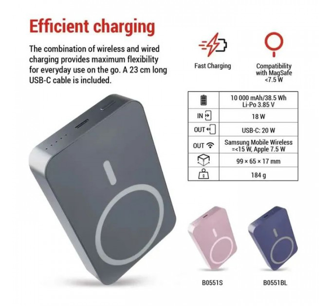 Батарея універсальна EMOS 10000mAh WI1046, 20W, Wireless, grey (B0551GY)