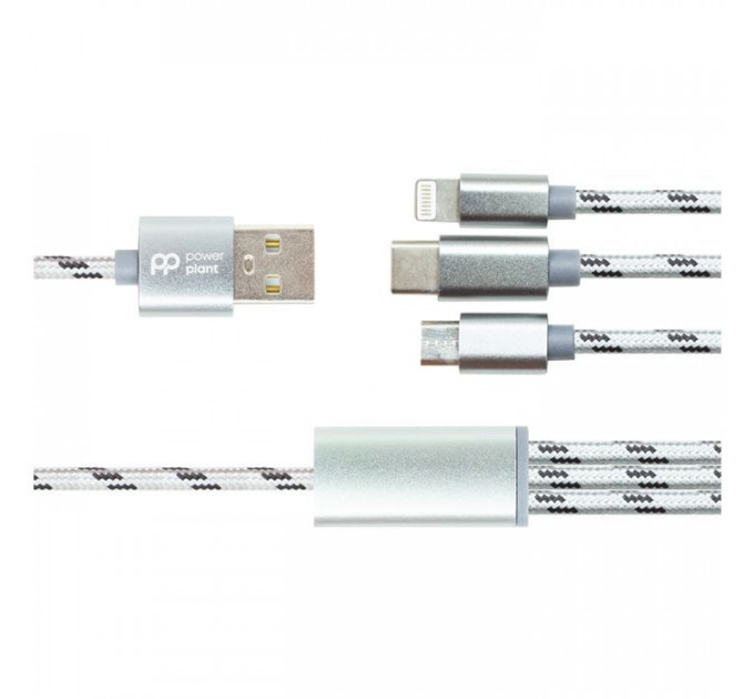 Дата кабель USB 2.0 AM to Lightning + Micro 5P + USB-C 1.0m 2.1A PowerPlant (CA910663)