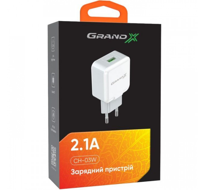 Зарядное устройство для Grand-X 5V 2.1A White (CH-03W)