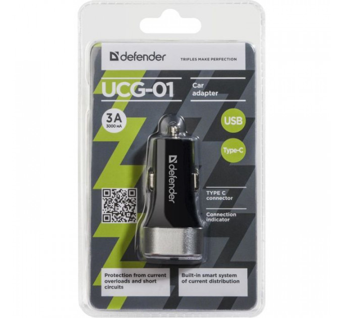 Зарядний пристрій Defender UCG-01 авто, 1 порт USB + TypeC, 5V \/ 5.4A (83569)