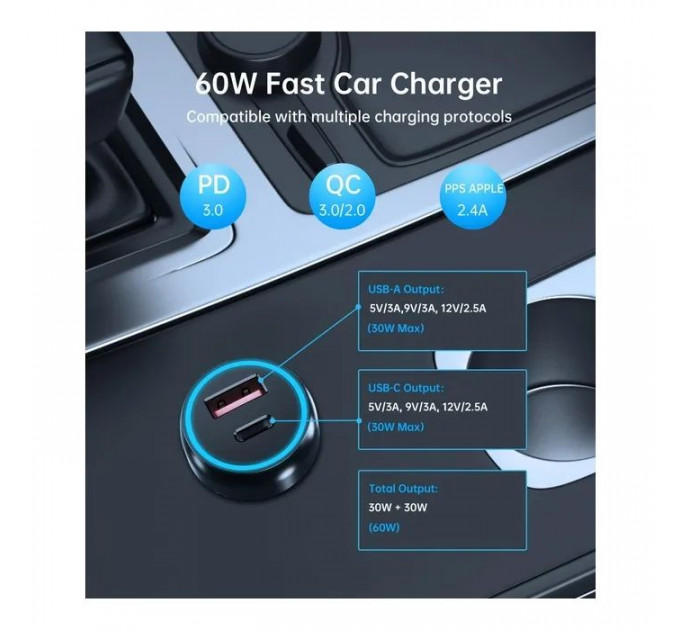 Зарядний пристрій Choetech USB-C+USB-A 60W QC3.0\/PD\/PPS black (TC0014-BK)