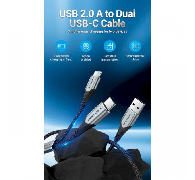 Дата кабель USB 2.0 AM to 2хUSB-C M 1.0m 2.4А 480Mbps Aluminum VENTION (CQOHF)