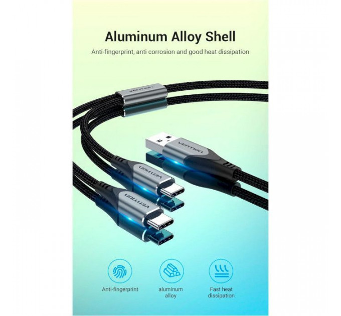 Дата кабель USB 2.0 AM to 2хUSB-C M 1.0m 2.4А 480Mbps Aluminum VENTION (CQOHF)