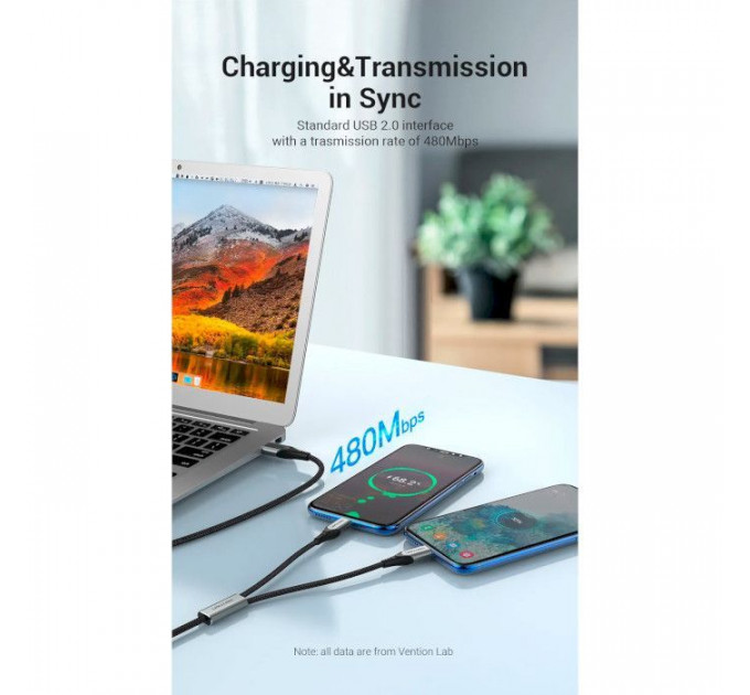 Дата кабель USB 2.0 AM to 2хUSB-C M 1.0m 2.4А 480Mbps Aluminum VENTION (CQOHF)