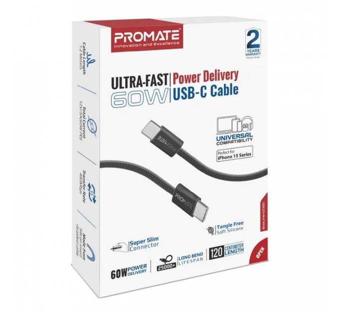 Дата кабель USB-C to USB-C 1.2m Promate (ecoline-cc120.black)