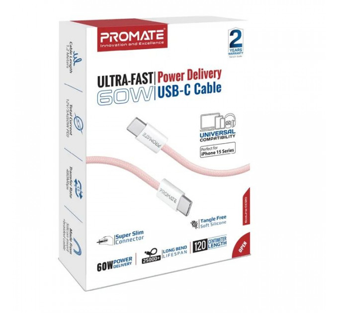 Дата кабель USB-C to USB-C 1.2m Promate (ecoline-cc120.pink)