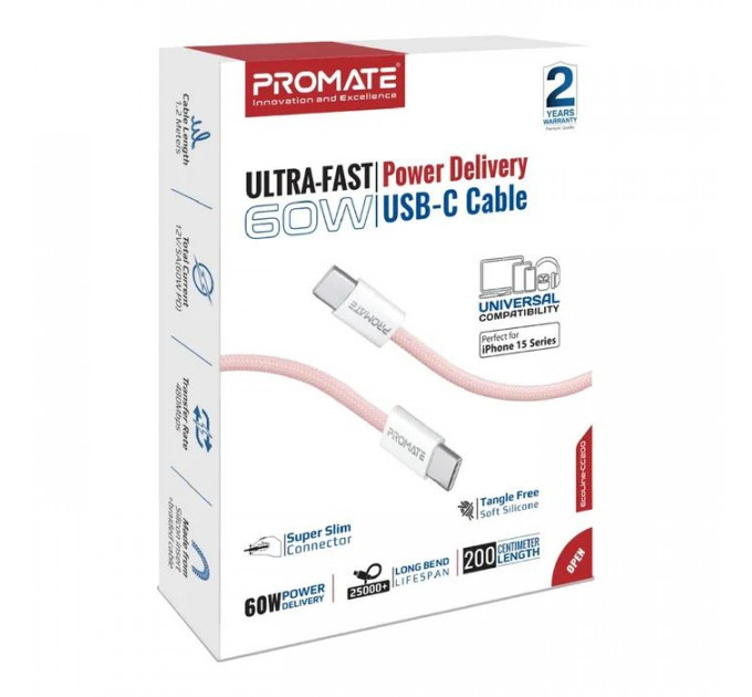 Дата кабель USB-C to USB-C 2.0m Promate (ecoline-cc200.pink)