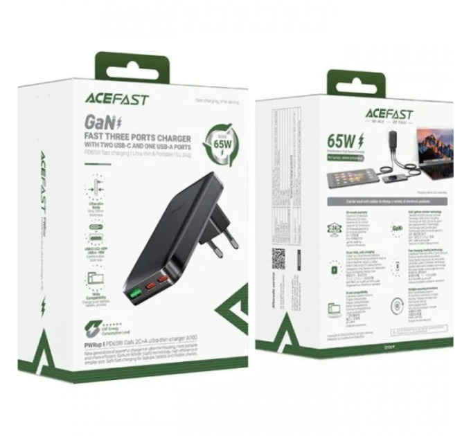Зарядний пристрій Acefast 3xUSB 65W (2xUSB-C+USB-A) Gan A100 Fast Charger Ultra thin black (6974316283492)