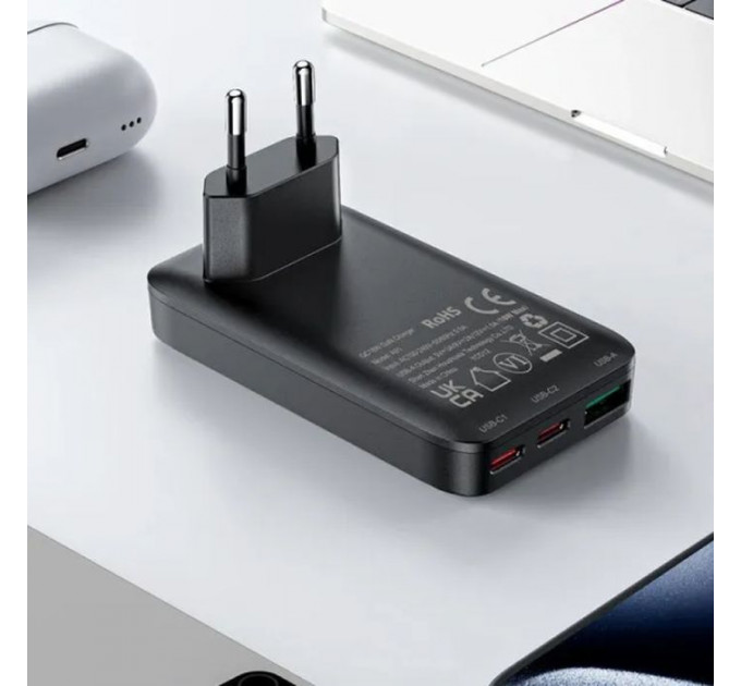 Зарядний пристрій Acefast 3xUSB 65W (2xUSB-C+USB-A) Gan A100 Fast Charger Ultra thin black (6974316283492)