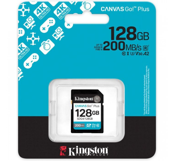 Карта пам/'яті Kingston 128GB SDXC сlass 10 UHS-I U3 V30 Canvas Go Plus G4 (SDG4\/128GB)