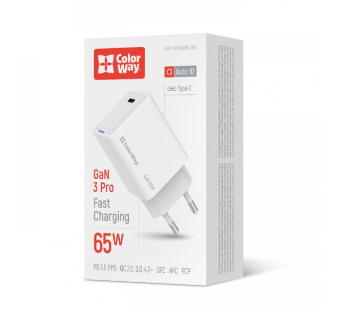 Зарядний пристрій ColorWay GaN Mini 65W PD Port PPS USB-C white (CW-CHS049PD-WT)