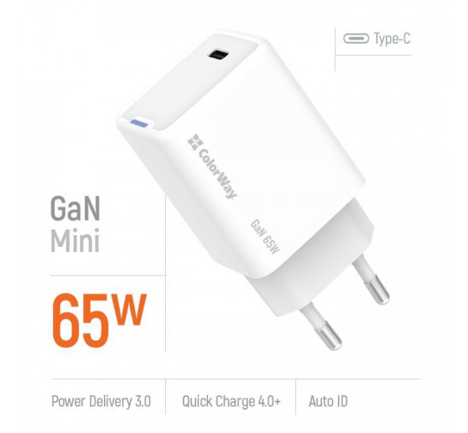 Зарядний пристрій ColorWay GaN Mini 65W PD Port PPS USB-C white (CW-CHS049PD-WT)