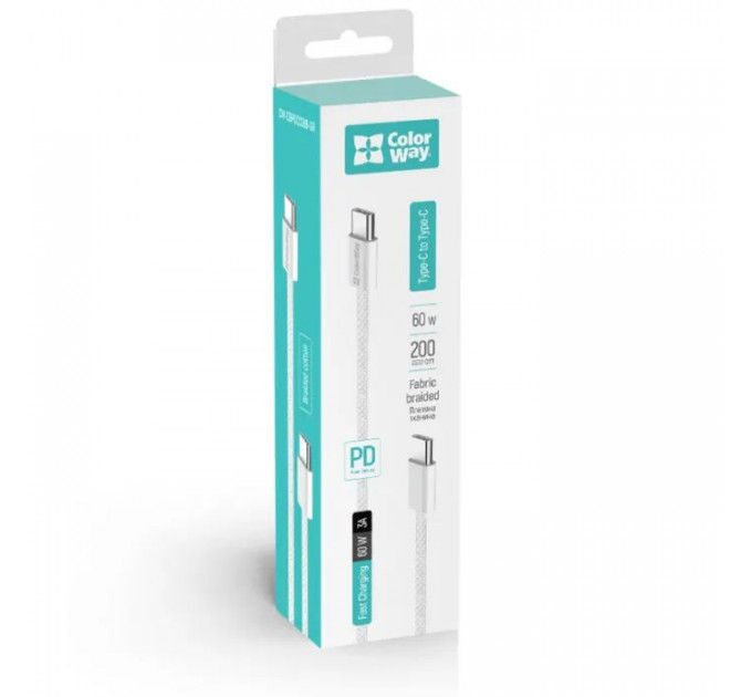 Дата кабель USB-C to USB-C 2.0m (braided cotton) (PD Fast Charging 60W) 3.0А grey ColorWay (CW-CBPDCC068-GR)