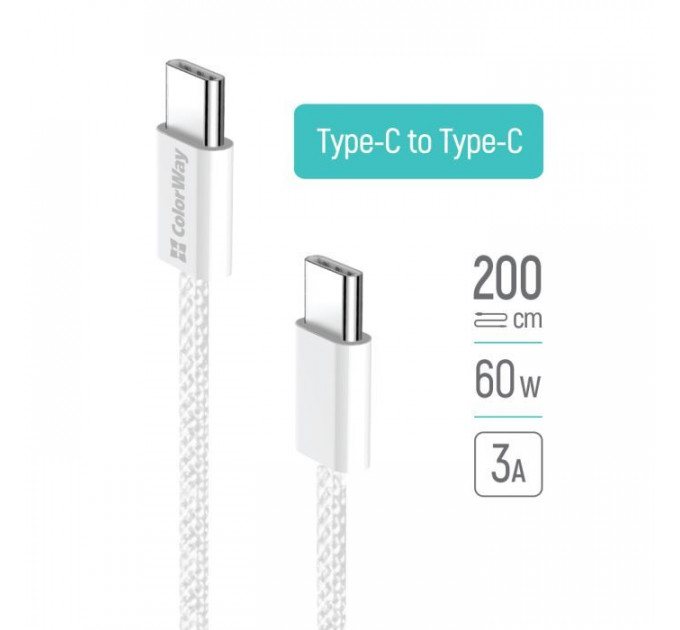 Дата кабель USB-C to USB-C 2.0m (braided cotton) (PD Fast Charging 60W) 3.0А grey ColorWay (CW-CBPDCC068-GR)