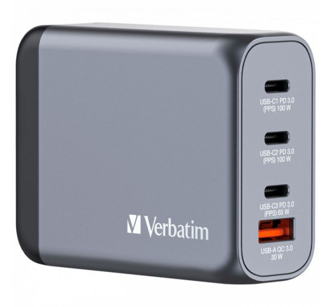 Зарядний пристрій Verbatim GaN 100 W 4 ports (2xUSB-C-100 W,USB-C 65 W \/USB-A -3.0) (32202)