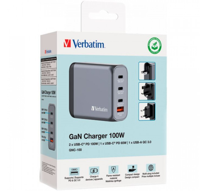 Зарядний пристрій Verbatim GaN 100 W 4 ports (2xUSB-C-100 W,USB-C 65 W \/USB-A -3.0) (32202)