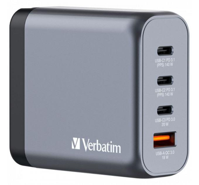 Зарядний пристрій Verbatim GaN 140 W 4 ports (2xUSB-C-140 W,USB-C 20 W \/USB-A -3.0) (32203)