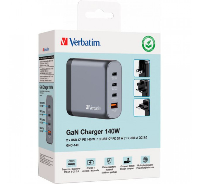 Зарядний пристрій Verbatim GaN 140 W 4 ports (2xUSB-C-140 W,USB-C 20 W \/USB-A -3.0) (32203)