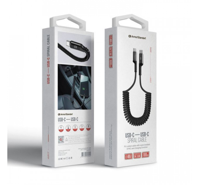 Дата кабель USB-C to USB-C 1.0m Spiral 3A Black Armorstandart (ARM75392)