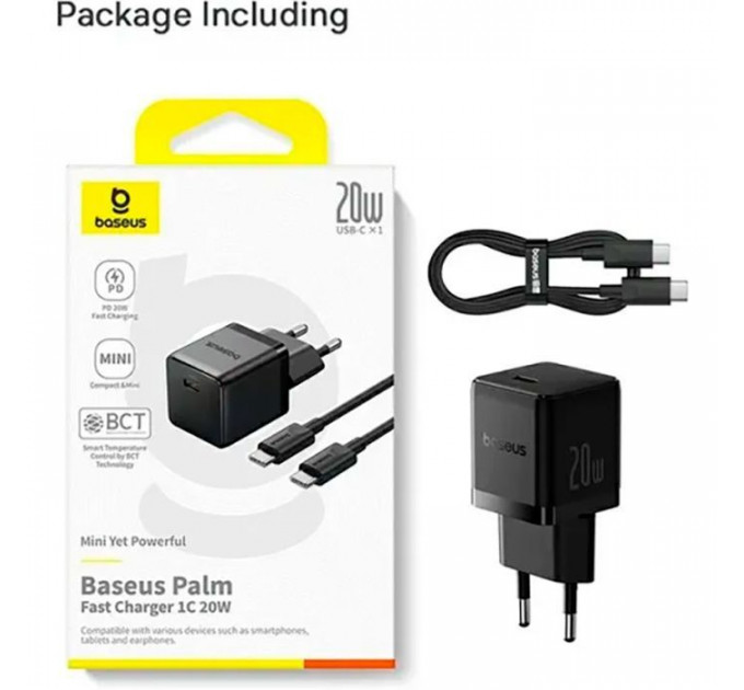 Зарядний пристрій Baseus Palm Fast Charger 1C 20W + Cable 1.0m Type-C 60W black (P10111602113-01)