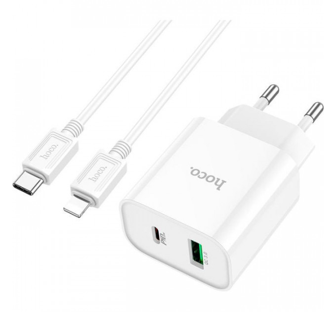 Зарядний пристрій HOCO C80A Plus Rapido 1xUSB-C PD20W + 1xUSB QC3.0 + cable USB-C to Lightning White (6931474779892)