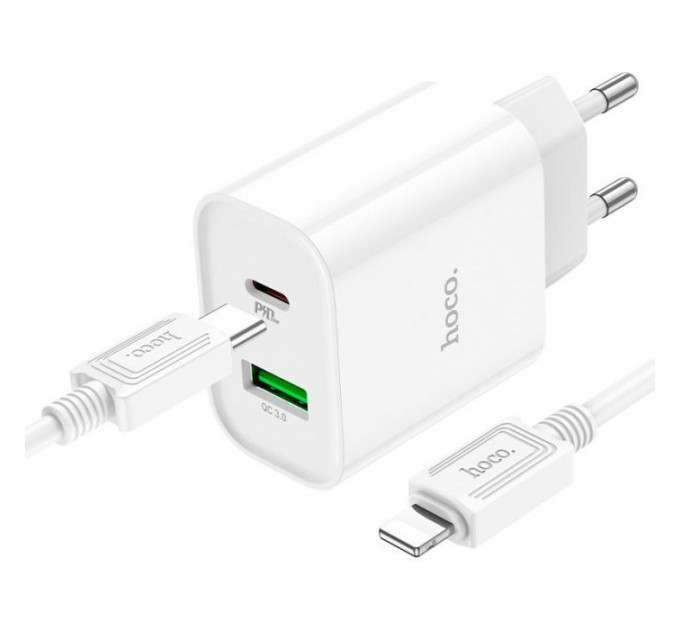 Зарядний пристрій HOCO C80A Plus Rapido 1xUSB-C PD20W + 1xUSB QC3.0 + cable USB-C to Lightning White (6931474779892)
