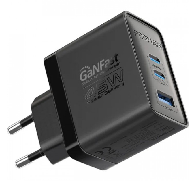 Зарядний пристрій Promate powerport-45 2xUSB-C PD + USB-A QC 45W Black (powerport-45.black)