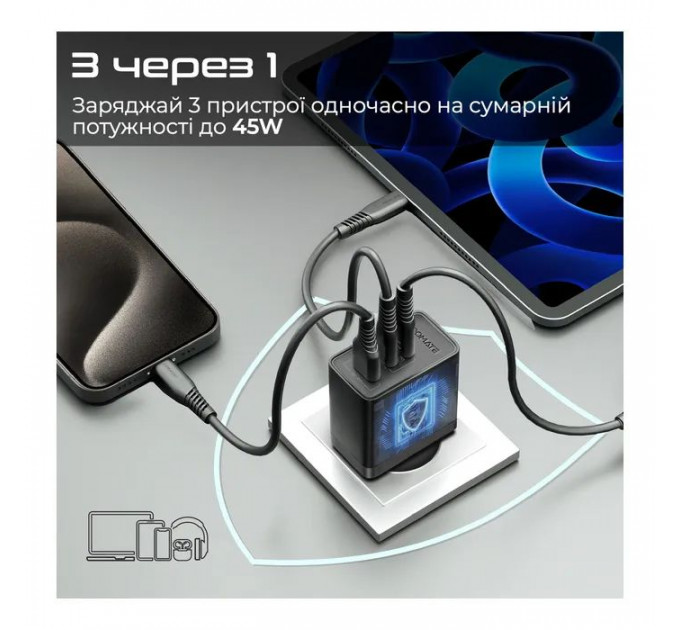 Зарядний пристрій Promate powerport-45 2xUSB-C PD + USB-A QC 45W Black (powerport-45.black)