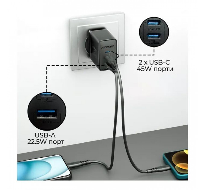 Зарядний пристрій Promate powerport-45 2xUSB-C PD + USB-A QC 45W Black (powerport-45.black)