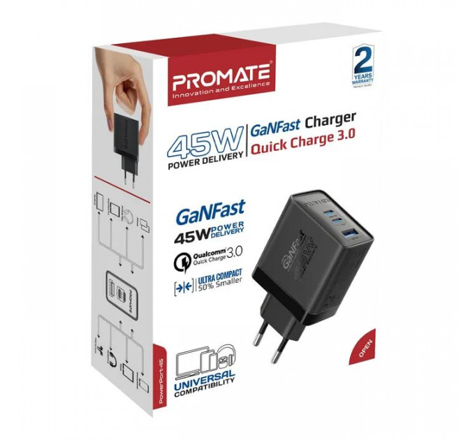 Зарядний пристрій Promate powerport-45 2xUSB-C PD + USB-A QC 45W Black (powerport-45.black)