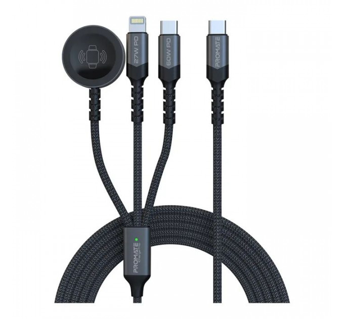 Дата кабель USB-C to Lightning 27W + USB-C 60W + Apple Watch 2.5W 1.5m icharge trio black Promate (icharge-trio.black)