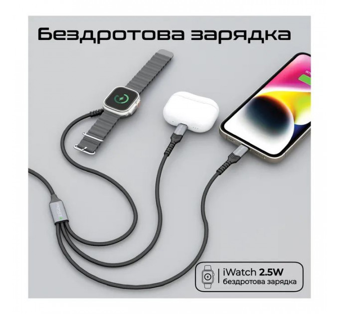 Дата кабель USB-C to Lightning 27W + USB-C 60W + Apple Watch 2.5W 1.5m icharge trio black Promate (icharge-trio.black)