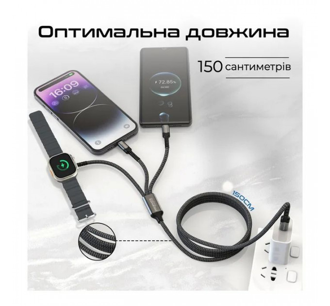 Дата кабель USB-C to Lightning 27W + USB-C 60W + Apple Watch 2.5W 1.5m icharge trio black Promate (icharge-trio.black)