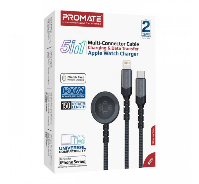 Дата кабель USB-C to Lightning 27W + USB-C 60W + Apple Watch 2.5W 1.5m icharge trio black Promate (icharge-trio.black)