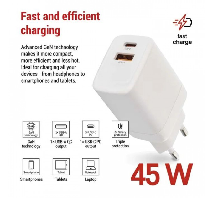 Зарядний пристрій EMOS V04G45 1xUSB-A + 1xUSB-C PD20W GaN (V04G45)