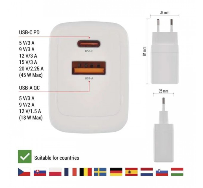 Зарядний пристрій EMOS V04G45 1xUSB-A + 1xUSB-C PD20W GaN (V04G45)