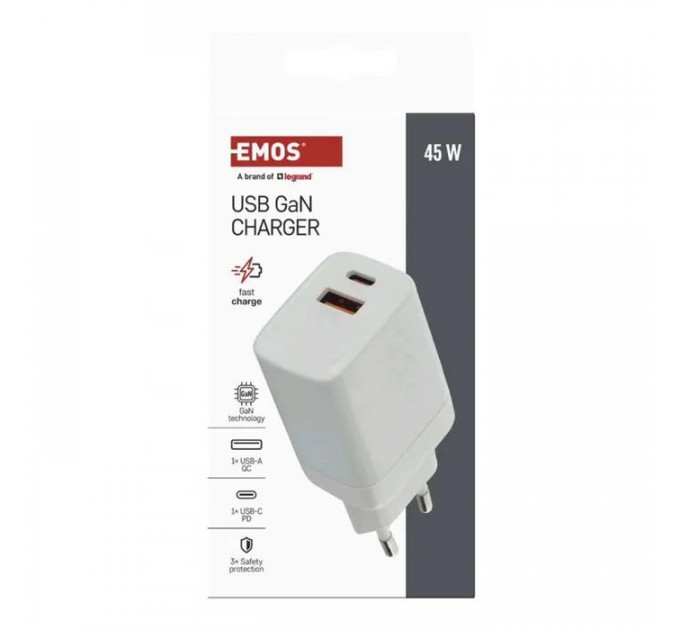 Зарядний пристрій EMOS V04G45 1xUSB-A + 1xUSB-C PD20W GaN (V04G45)