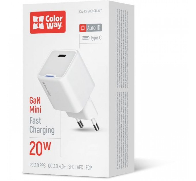 Зарядний пристрій ColorWay C101C GaN Mini 20W PD PPS USB-C white (CW-CHS059PD-WT)