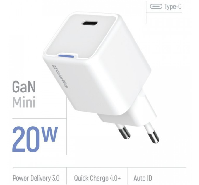 Зарядний пристрій ColorWay C101C GaN Mini 20W PD PPS USB-C white (CW-CHS059PD-WT)