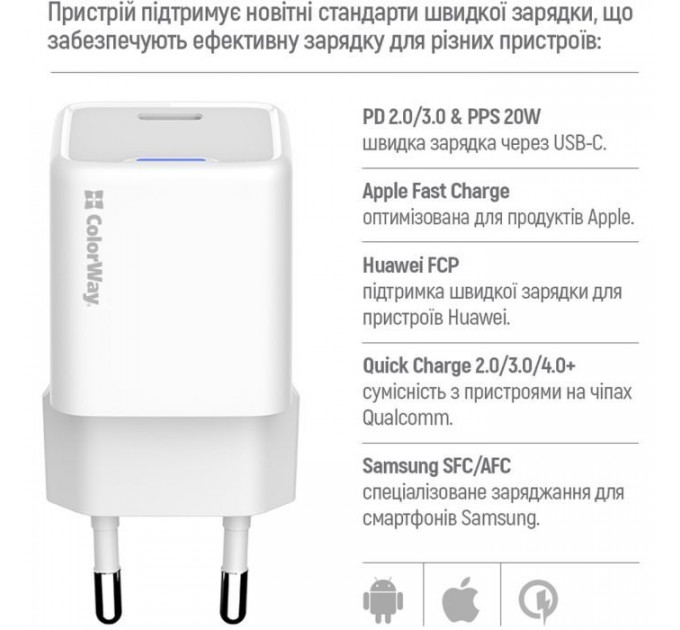 Зарядний пристрій ColorWay C101C GaN Mini 20W PD PPS USB-C white (CW-CHS059PD-WT)