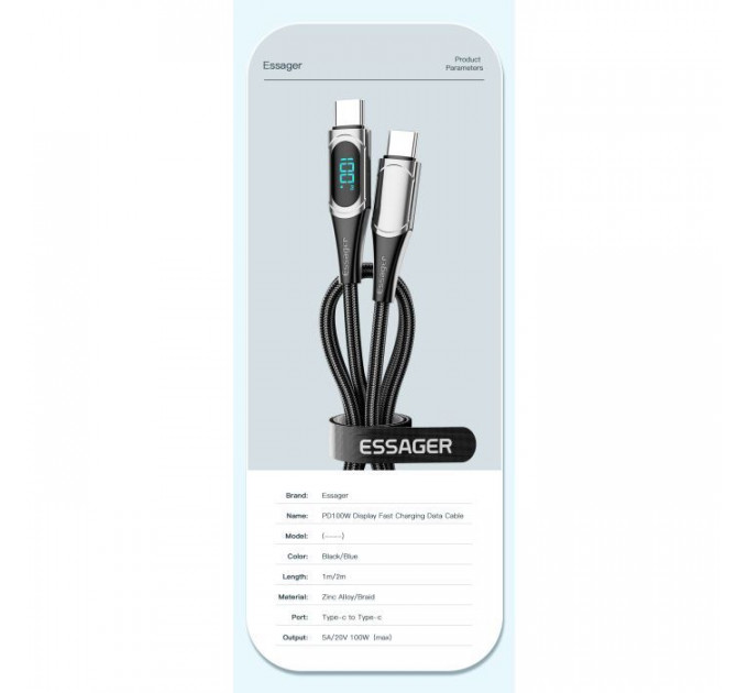 Дата кабеля USB-C to USB-C 2.0m 100W Digital Display blue Essager (ES-XCTT1-YDA03)