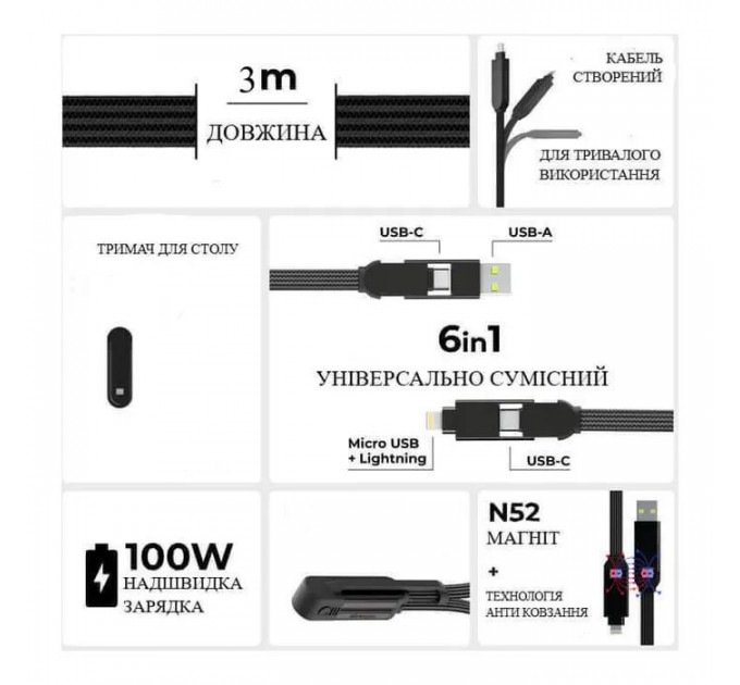 Дата кабеля 6in1 inCharge XL 3.0m black Rolling Square (XLL01R)
