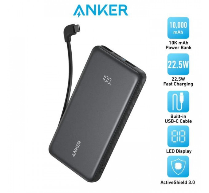 Батарея универсальная Anker 10000mAh, 22.5W, Built-In USB-C Cable, black (A110DH11)