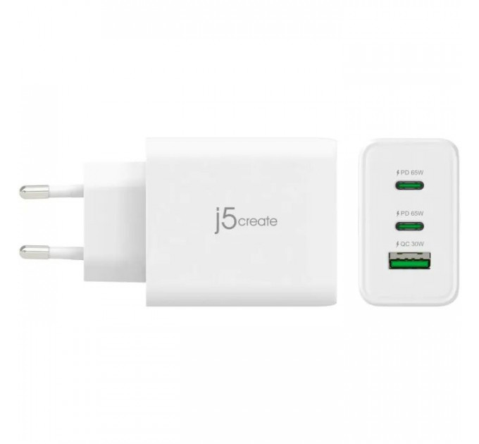 Зарядное устройство J5create 1xUSB + 2xUSB-C 65W GaN QC3.0/PD\/PPS (JUP3365E-EN)
