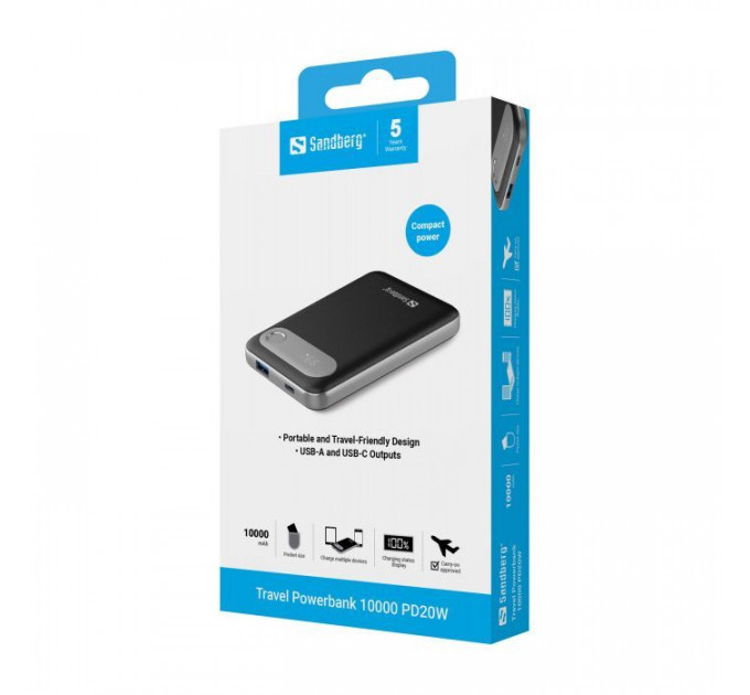 Батарея универсальная Sandberg 10000mAh Travel PD/20W, QC/3.0/22.5W, USB-A, USB-C, LCD Display (421-16)