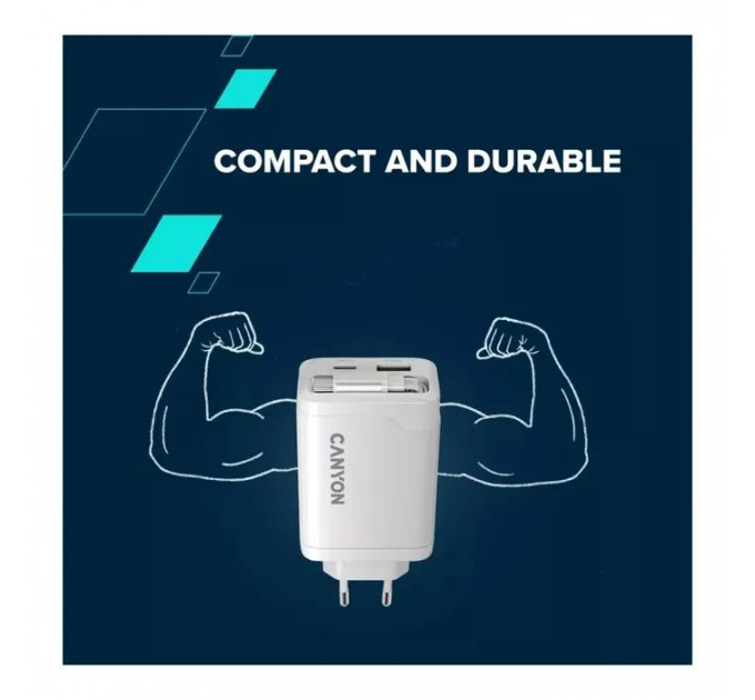 Зарядное устройство Canyon 1xUSB-C PD65W + 1xUSB QC3.0 + cable USB-C to USB-C white (CNS-CURC65ACW)